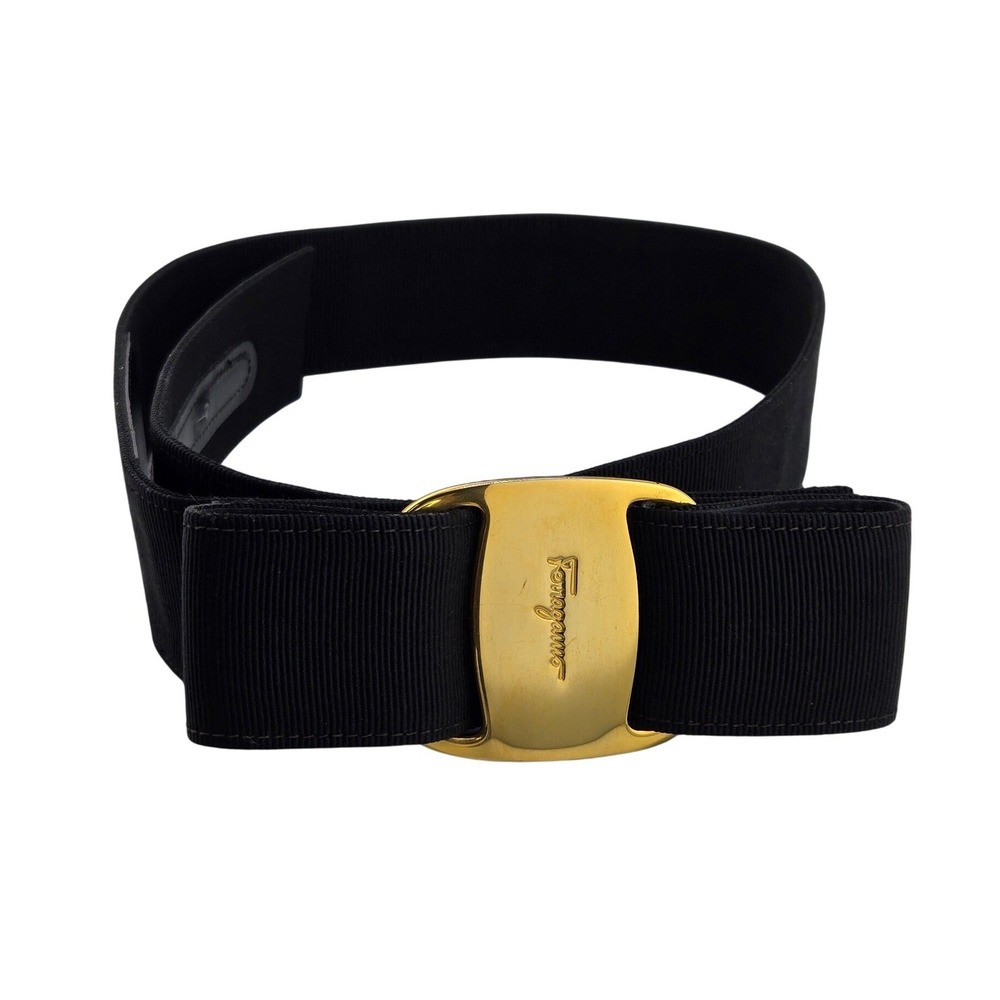 Salvatore Ferragamo Vara Bow Grosgrain Belt Black Gold Buckle 8046 S Italy